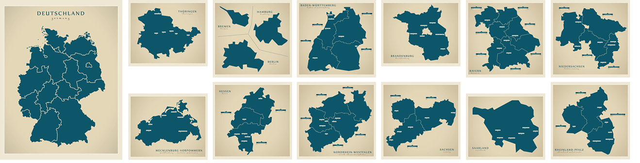 Kurzübersicht moderner Landkarten mit Deutschland und einigen Bundesländern.