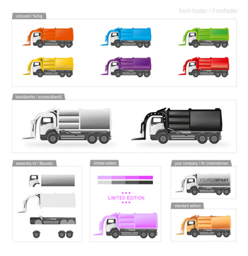 Müllentsorgung mal anders: Hier sehen Sie diverse Vektorgrafiken eines Frontladers mit unterschiedlicher Farbgebung.